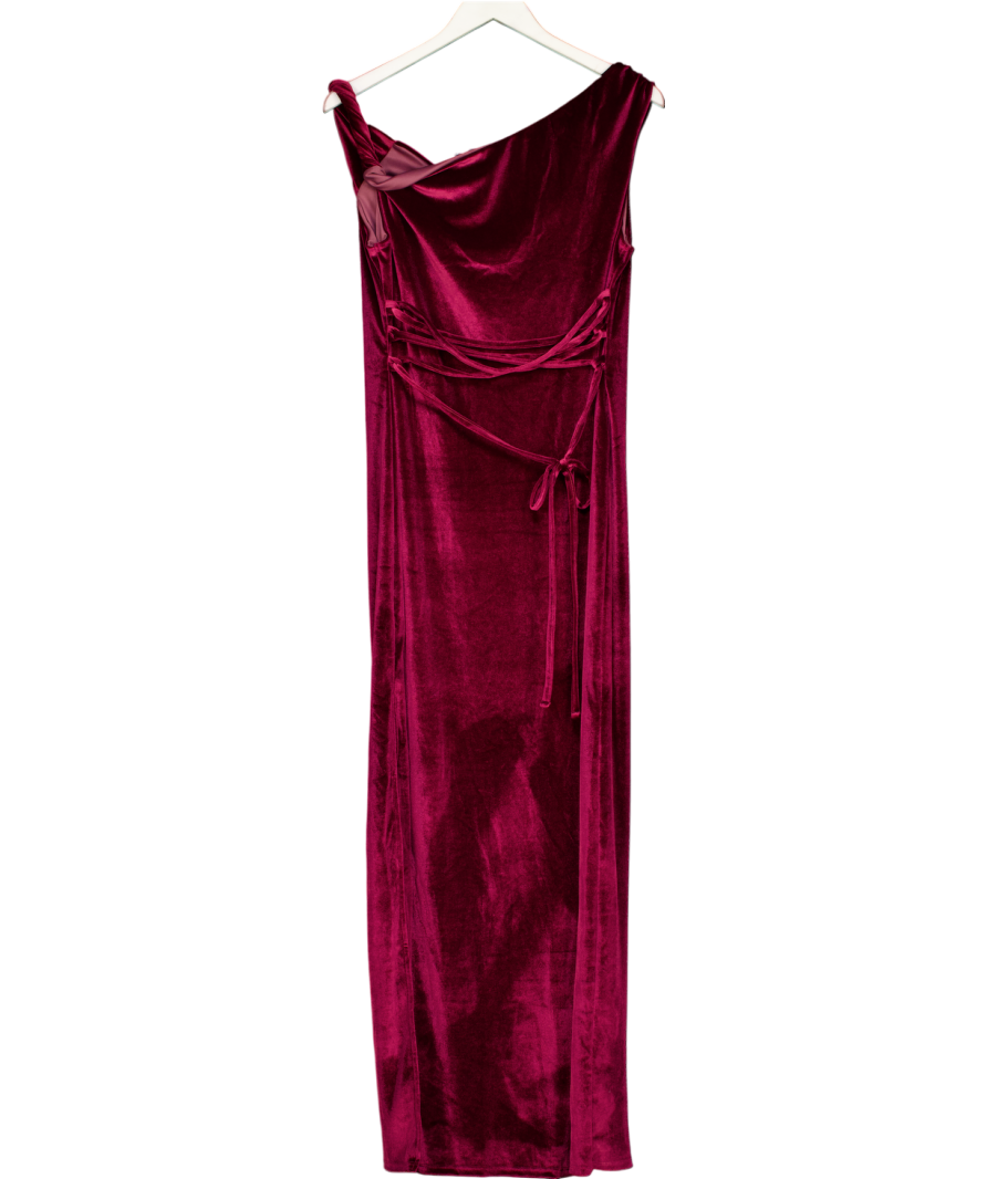 ASOS Red Design Velvet Twist Shoulder With Lace Up Back Midi Dress In Burgundy UK 18