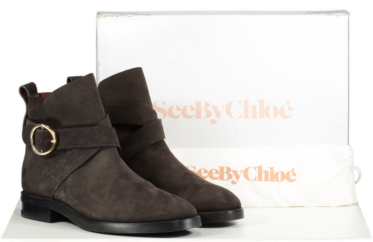 See by Chloé Grey Charcoal Suede Logo Buckle  Lyna Boots BNIB UK 7 EU 40 👠