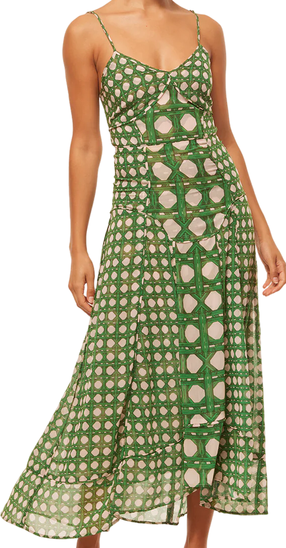 MISA Los Angeles Green Bamboo Print Cut Out Back Maxi Dress UK XS