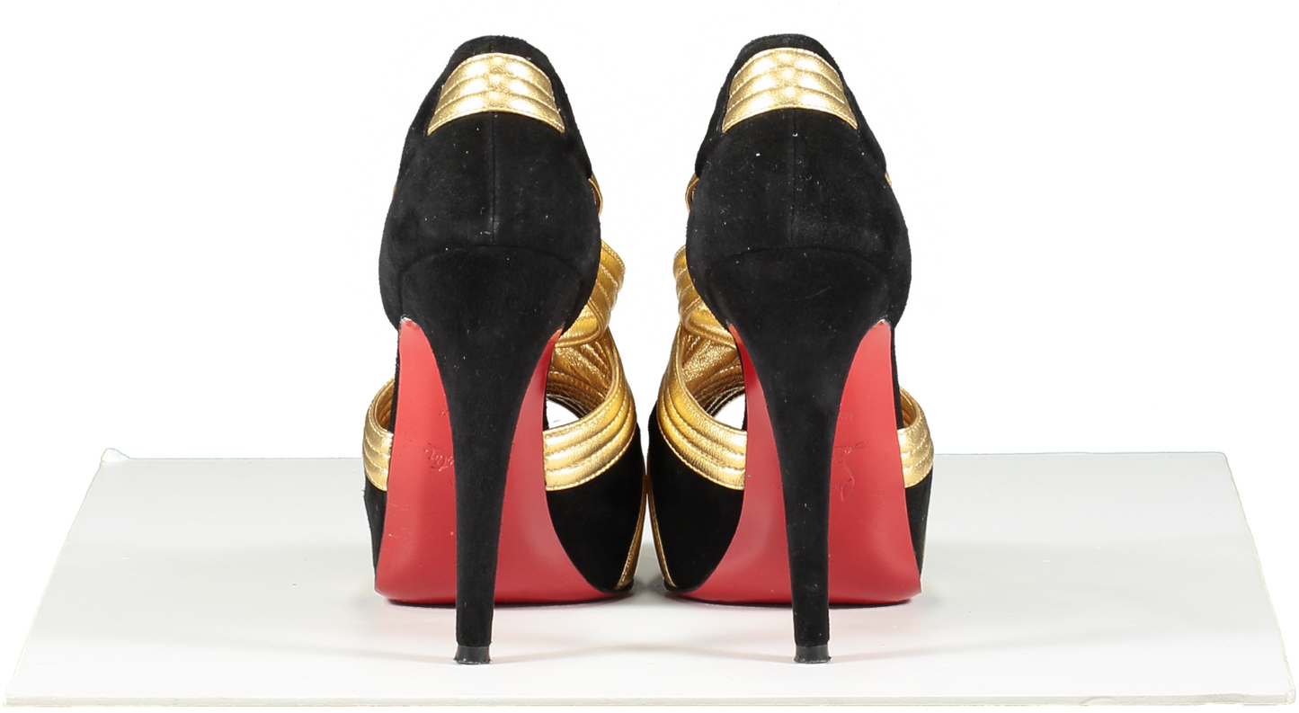 Christian Louboutin Black / Gold Suede And Leather Cross Front Platform Peep Toe Pumps UK 3.5 EU 36.5 👠