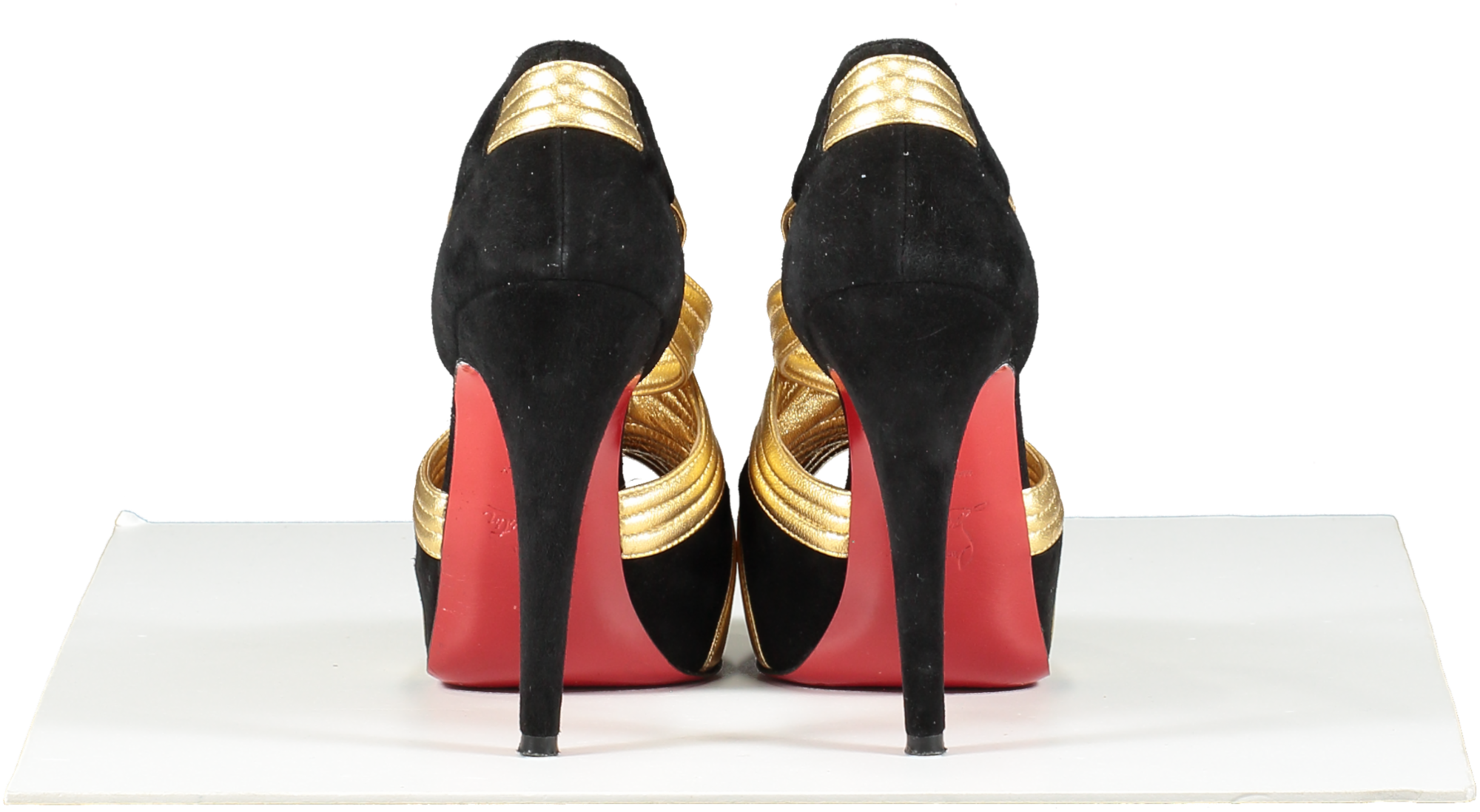 Christian Louboutin Black / Gold Suede And Leather Cross Front Platform Peep Toe Pumps UK 3.5 EU 36.5 👠