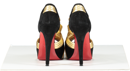 Christian Louboutin Black / Gold Suede And Leather Cross Front Platform Peep Toe Pumps UK 3.5 EU 36.5 👠