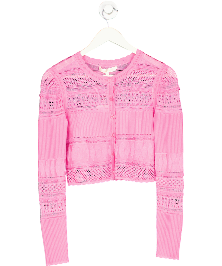 loveshackfancy Pink Pointelle Knit Laren Cropped Cardigan UK XS