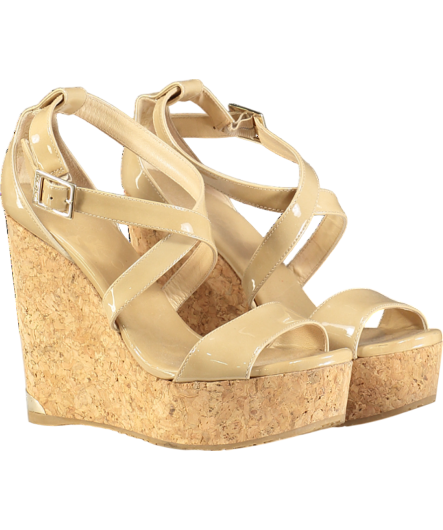 Jimmy Choo Beige Patent Portia Cork Heel Wedges UK 3 EU 36 👠