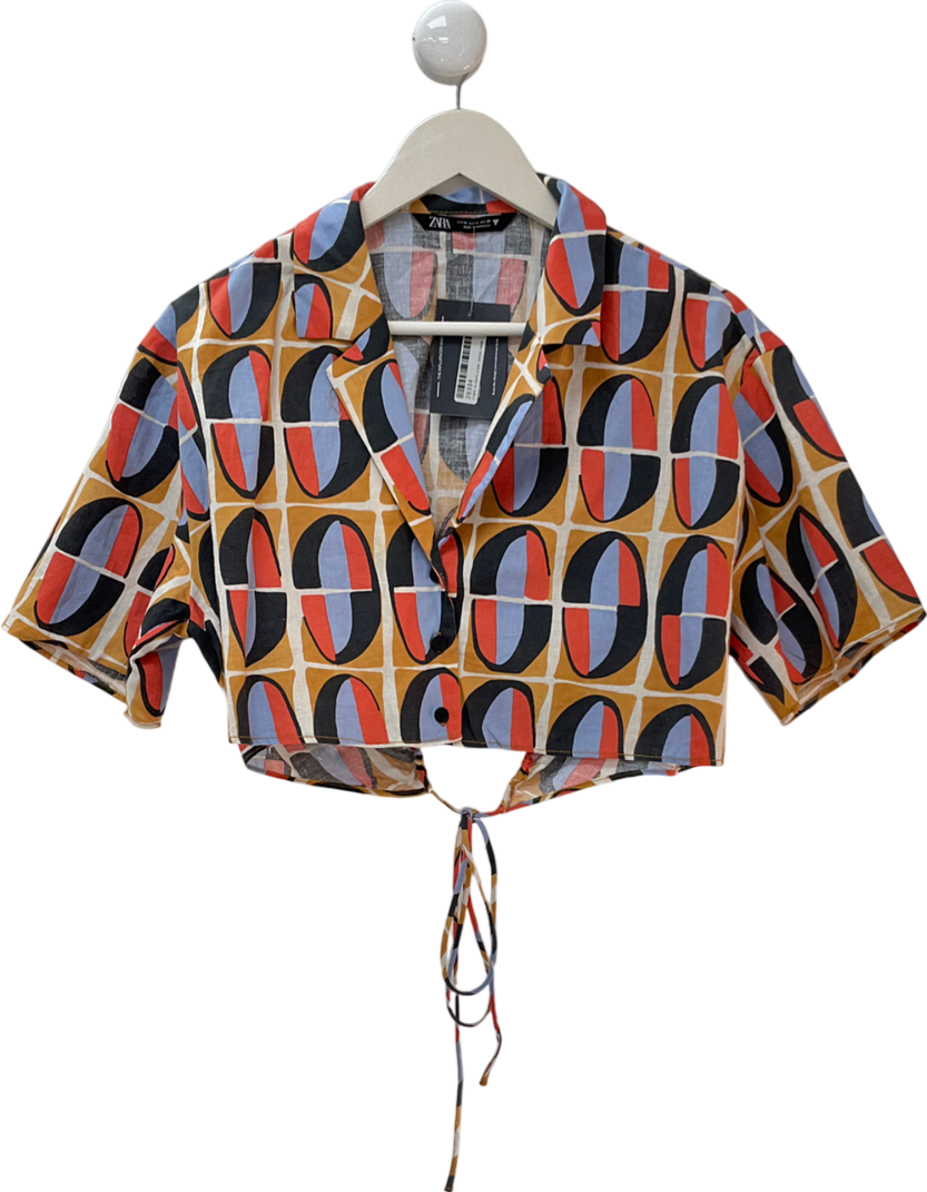 ZARA Multicoloured Linen 90s Crop Top With Tie Up At The Back UK M