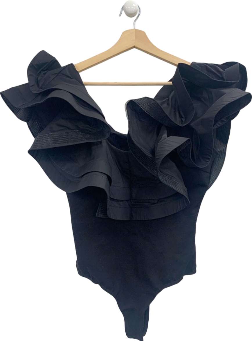 Karen Millen Black Cotton Ruffle Detail Bodysuit UK S