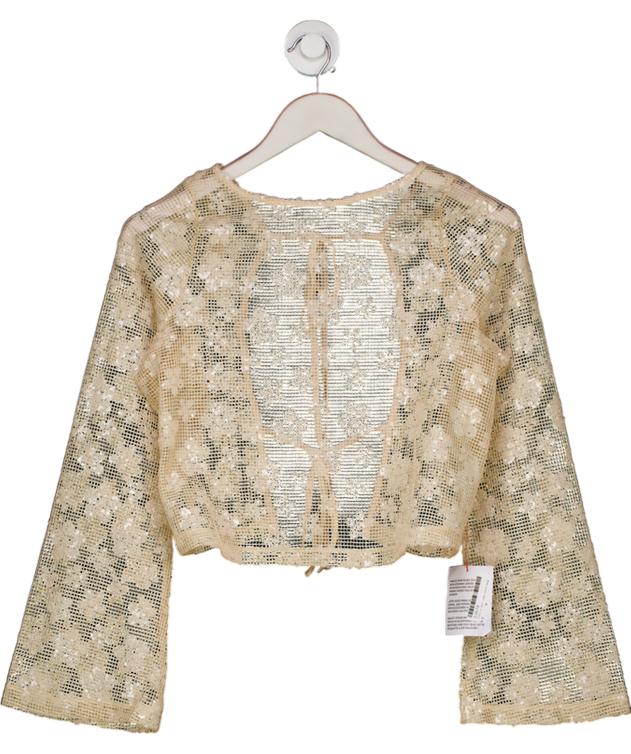 ASOS Cream Long Sleeve Crochet Floral Sequin Backless Top UK 10