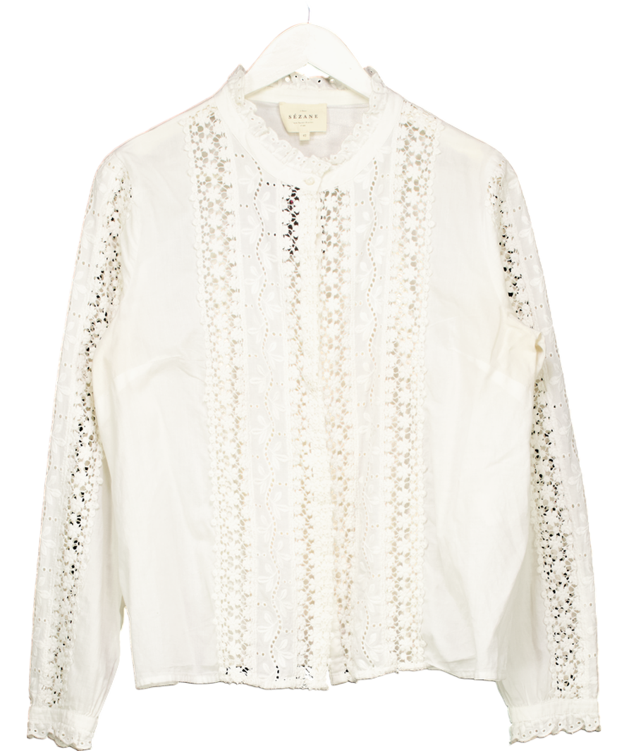 Sezane Cream Cotton Lace Trimmed Blouse UK 14