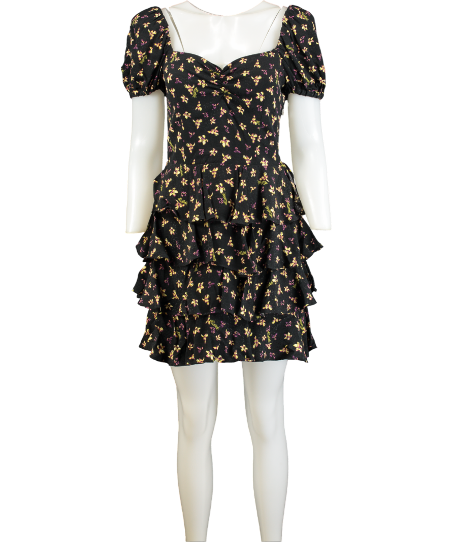 ROTATE Black Rubina Tiered Floral-print Jacquard Mini Dress Eu36 UK 8
