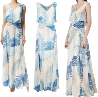 REISS Blue / Pink Filo Palm Floral Sleeveless V-neck Maxi Dress UK 10
