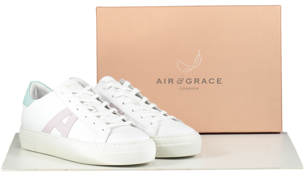 Air & Grace White / Pink / Mint Signature Leather Trainers Bnib UK 7 EU 40 👠