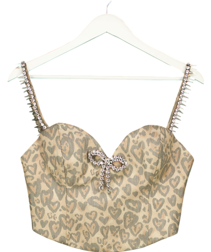 AREA Brown Heart Leopard Crystal  Bow Trim Bustier Top UK 8