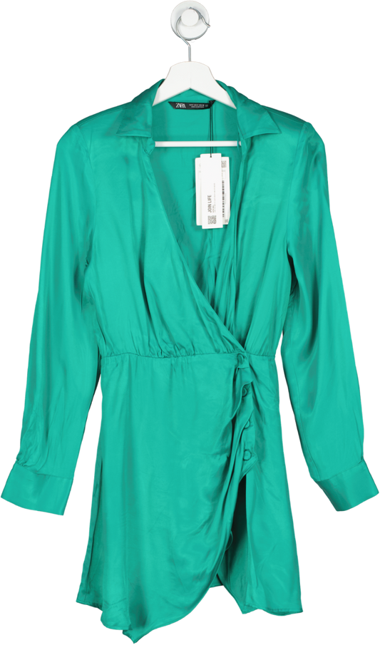 ZARA Green Padded Shoulder Satin Mini Dress BNWT  UK S