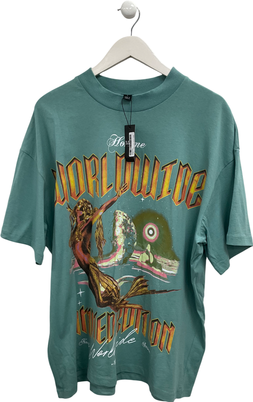boohooMan Green Oversized Worldwide Graphic T-shirt UK L