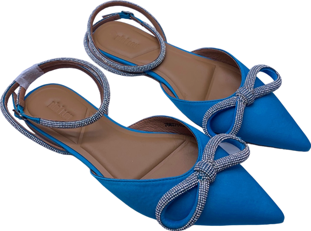 Bibi Lou Blue Embellished Satin Bow Strap Flats UK 4