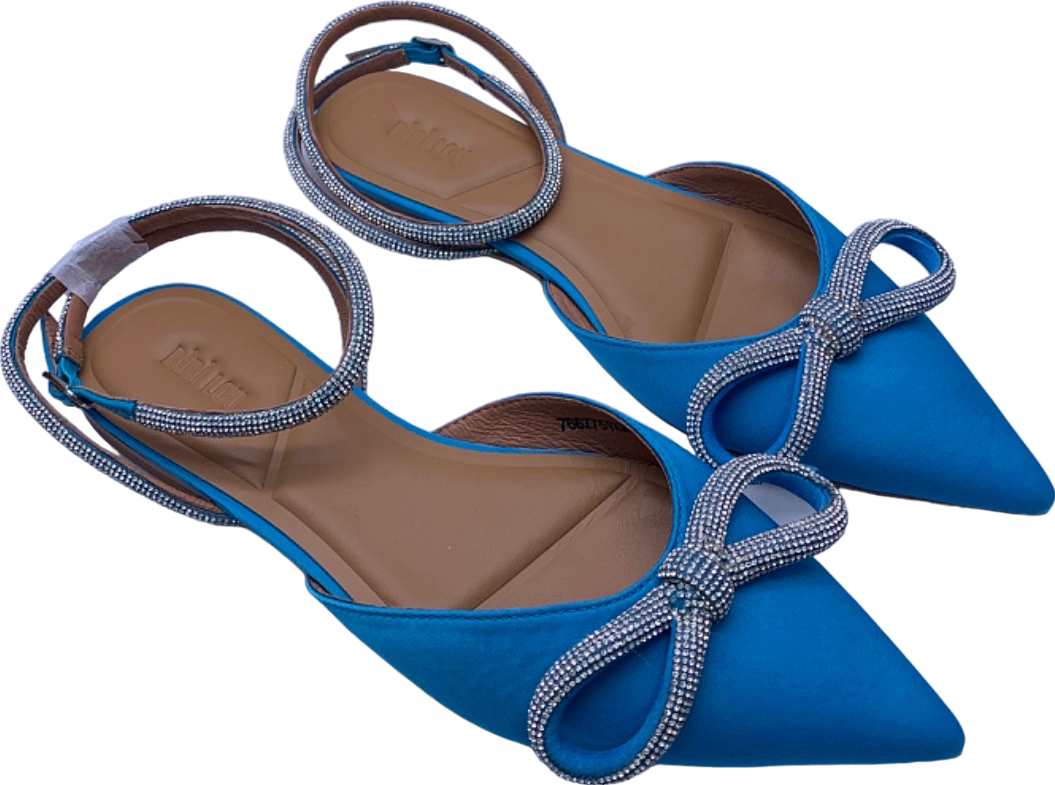 Bibi Lou Blue Embellished Satin Bow Strap Flats UK 4