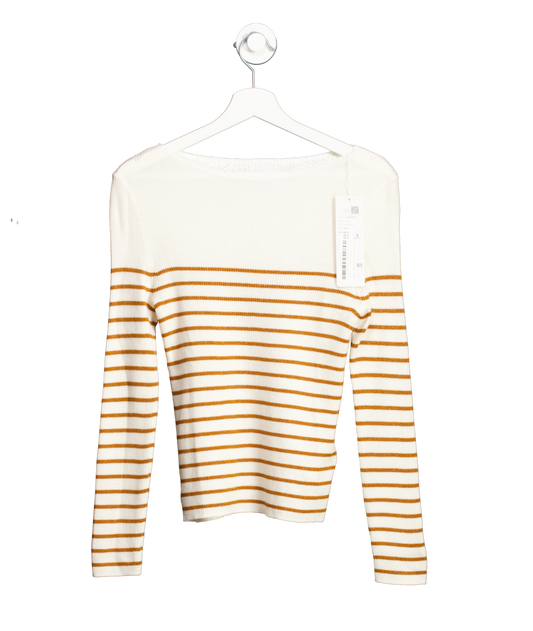 goelia Cream Wool Striped Boatneck Slim Women Sweater UK S