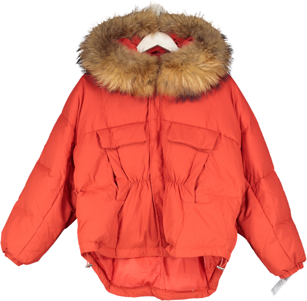 Noughts & Kisses Red Bomber Coat - Natural Fur Hood UK S