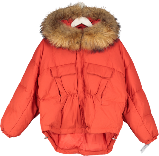 Noughts & Kisses Red Bomber Coat - Natural Fur Hood UK S