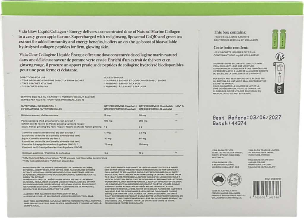 Vida Glow Liquid Collagen Skin + Energy 15x12.5ml