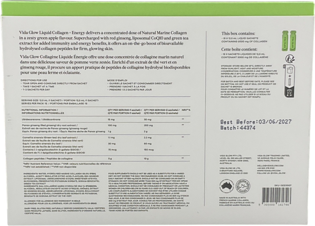 Vida Glow Liquid Collagen Skin + Energy 15x12.5ml