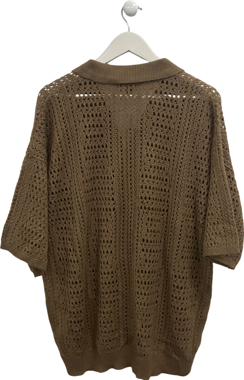 boohooMan Brown Knitted Drop Shoulder Texture Open Polo UK S