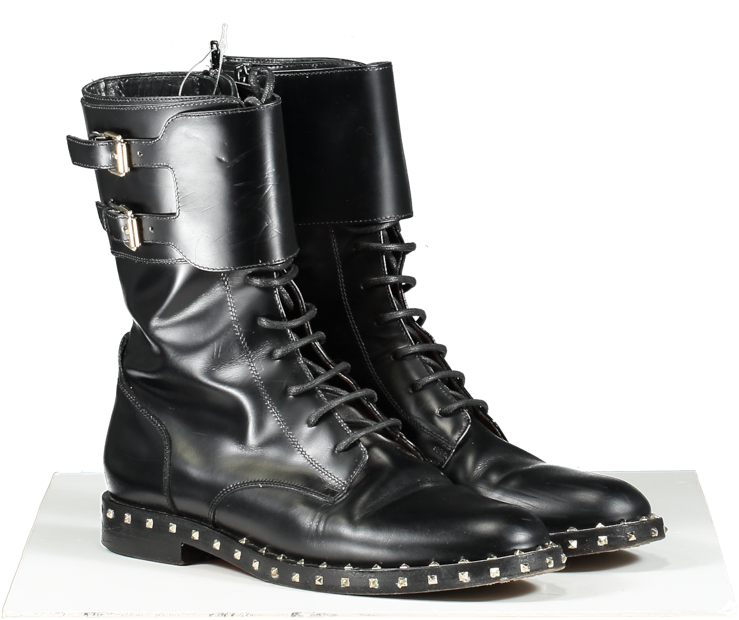 Valentino Garavani Black Leather Rockstud Lace Up Biker Boots UK 5.5 EU 38.5 👠