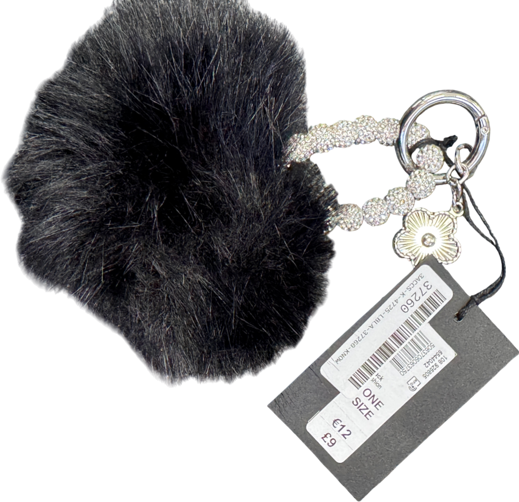 River Island Black Faux Fur Pompom Diamante Bag Charm