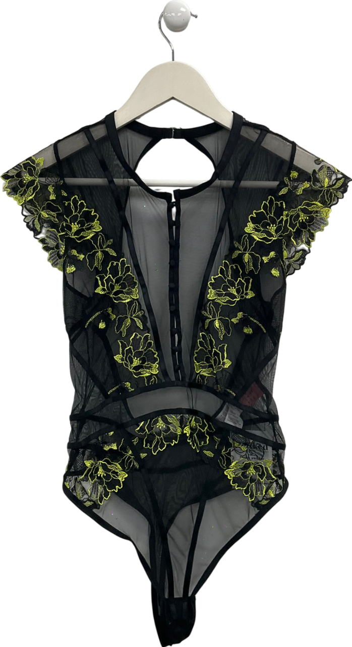 hunkemoller Black Embroidered Floral Bodysuit UK 8
