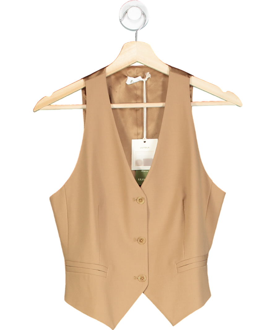 LilySilk Brown Silk-wool Vest With Jacquard Silk Back UK 10