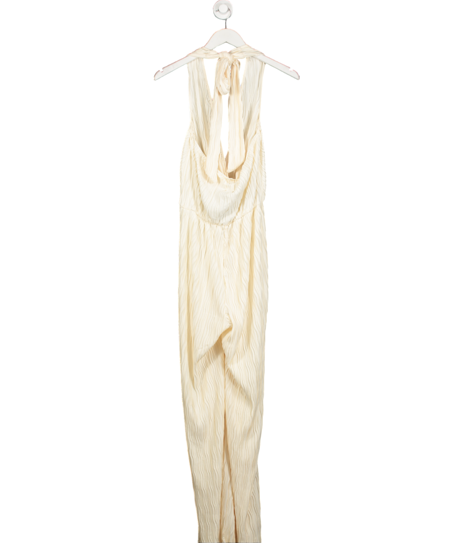 4th & Reckless Plisse Plunge Front Halterneck Wide Leg Jumpsuit In Cream UK 10