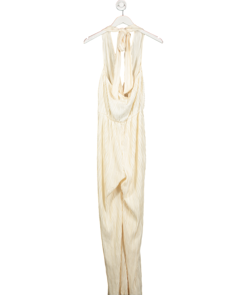 4th & Reckless Plisse Plunge Front Halterneck Wide Leg Jumpsuit In Cream UK 10