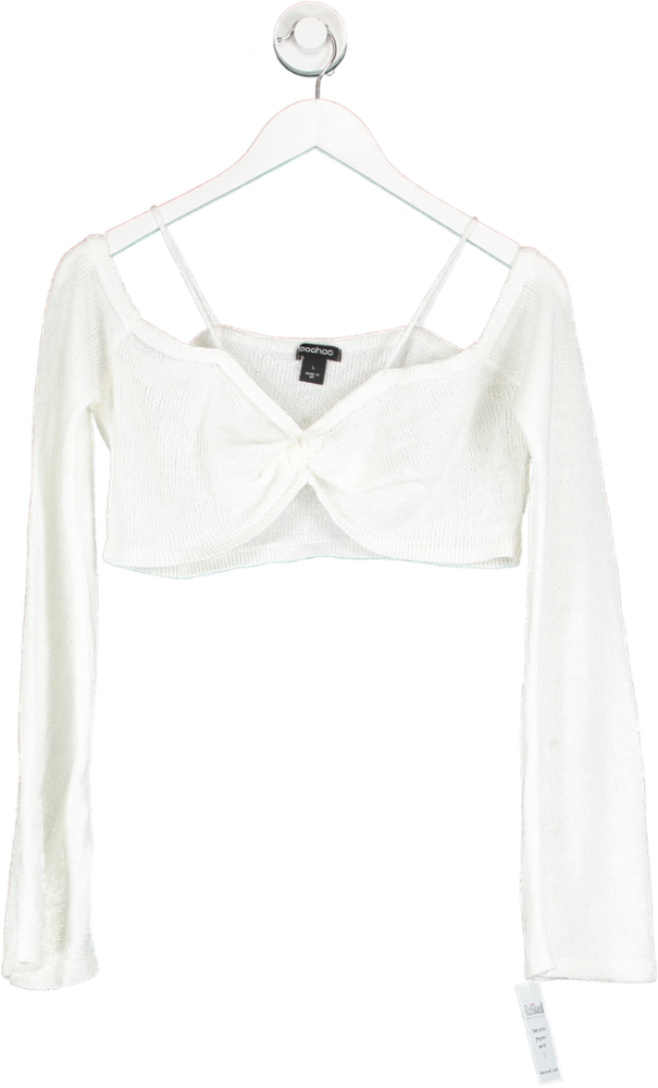boohoo White Fine Gauge Strappy Bardot Knitted Crop Top UK L