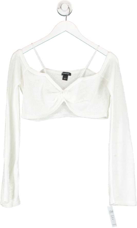 boohoo White Fine Gauge Strappy Bardot Knitted Crop Top UK L