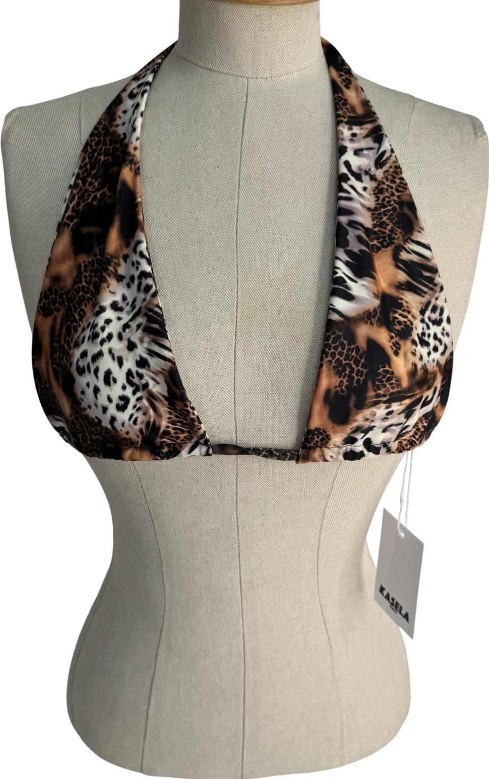 Kasela Brown Tie Halter Bikini Top In Leopard UK S