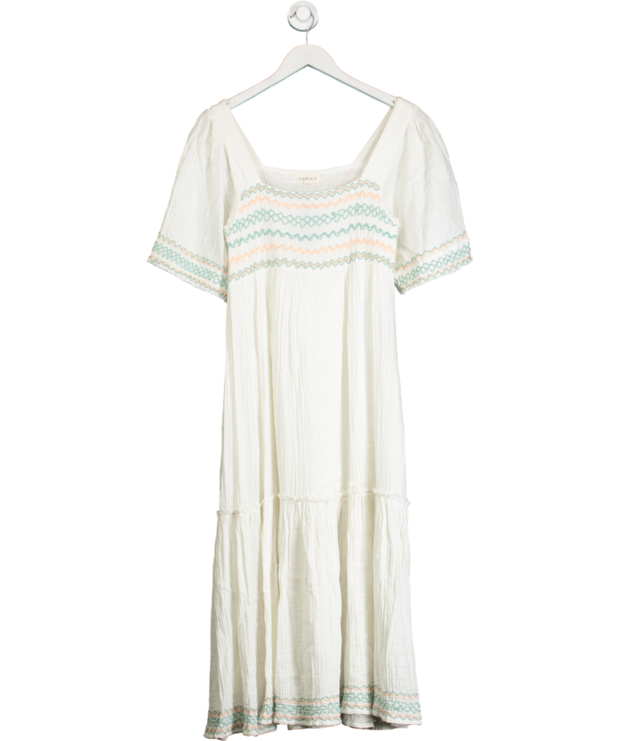 Aspiga White 100% Organic Cotton Smocked Midi Dress UK S