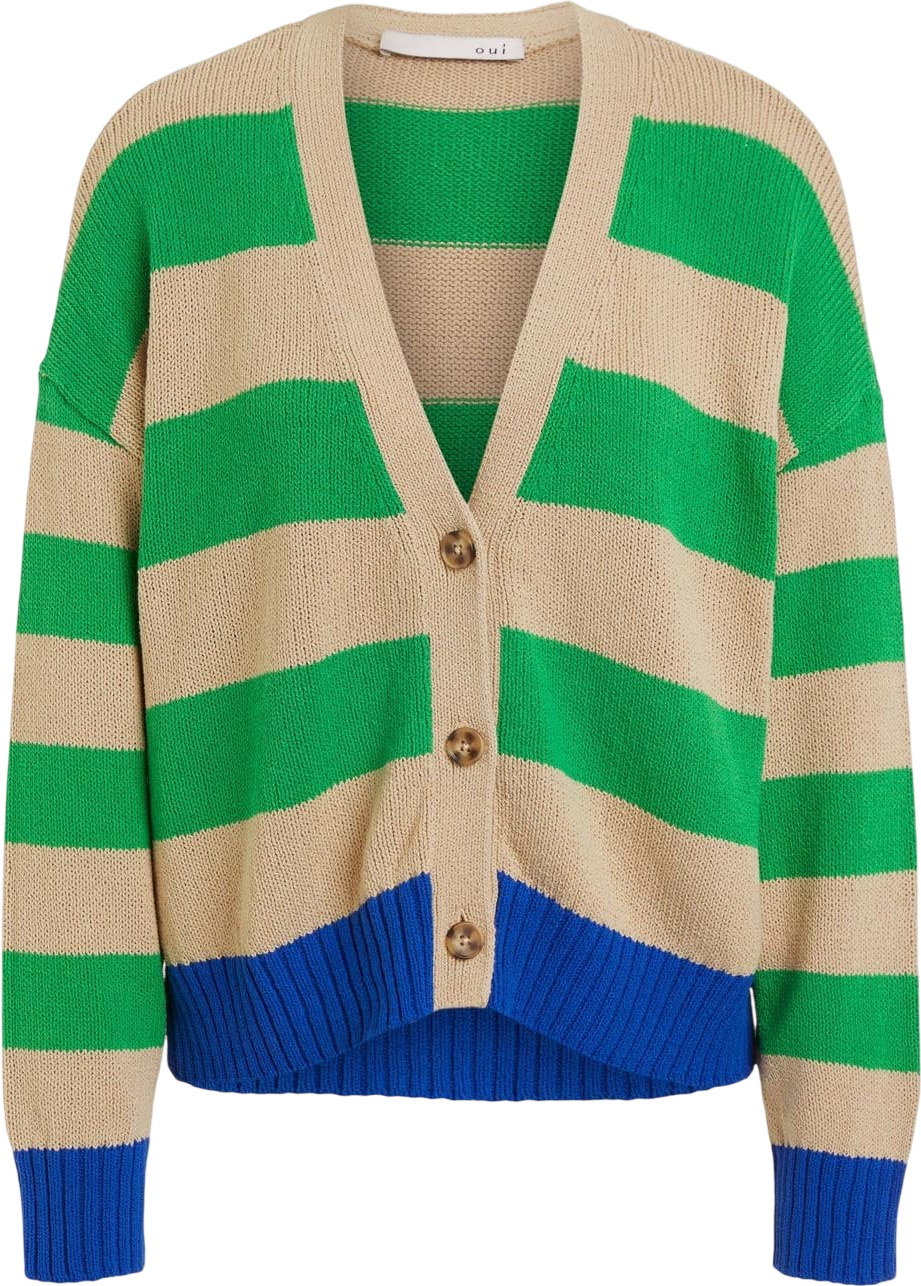 OUI Camel, Green And Blue 100% Cotton Knit Cardigan FR38 UK 10