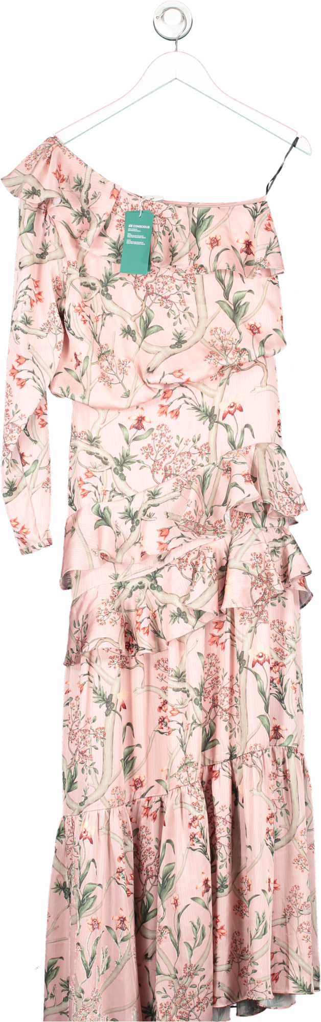 H&M x Johanna Ortiz Pink One Shoulder Floral Tiered Satin Maxi Dress UK 8
