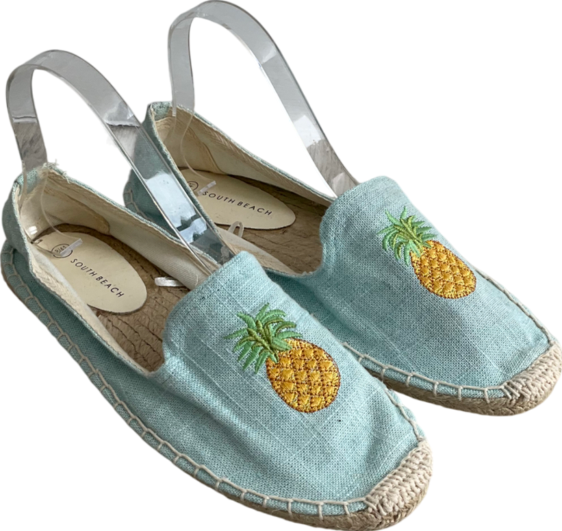 South Beach Blue Linen Pineapple Espadrilles UK 8 EU 41 👠