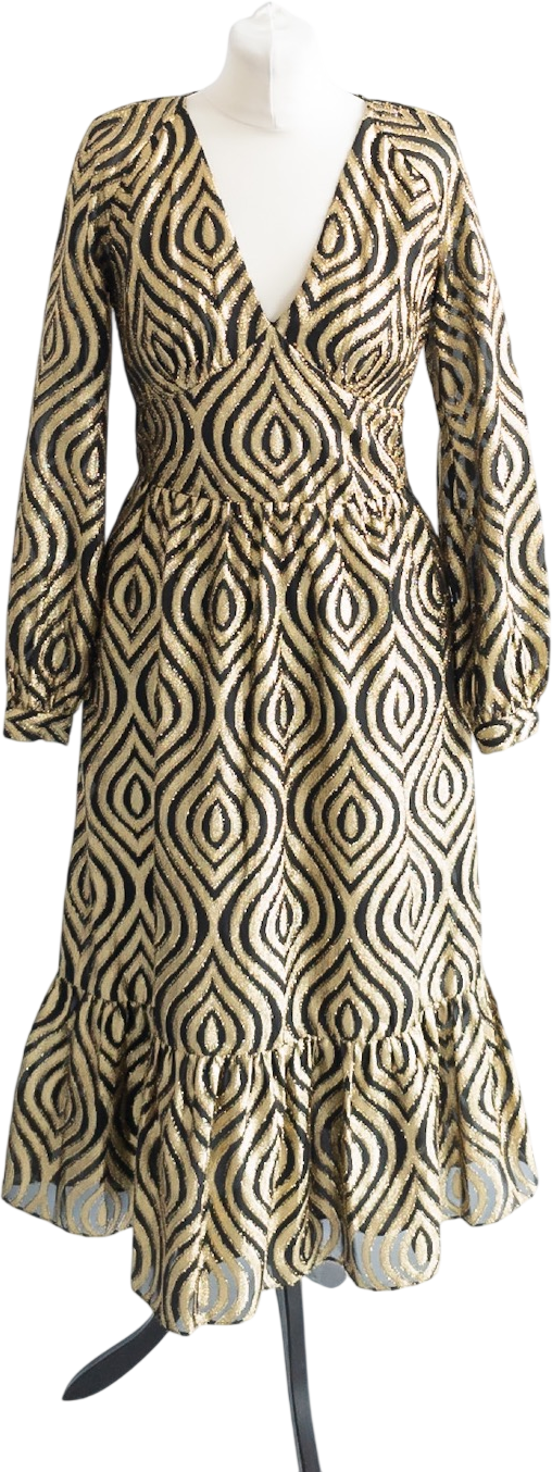 MICHAEL Michael Kors Black & Gold Lurex Long Sleeve Midi Dress Us4 UK 8