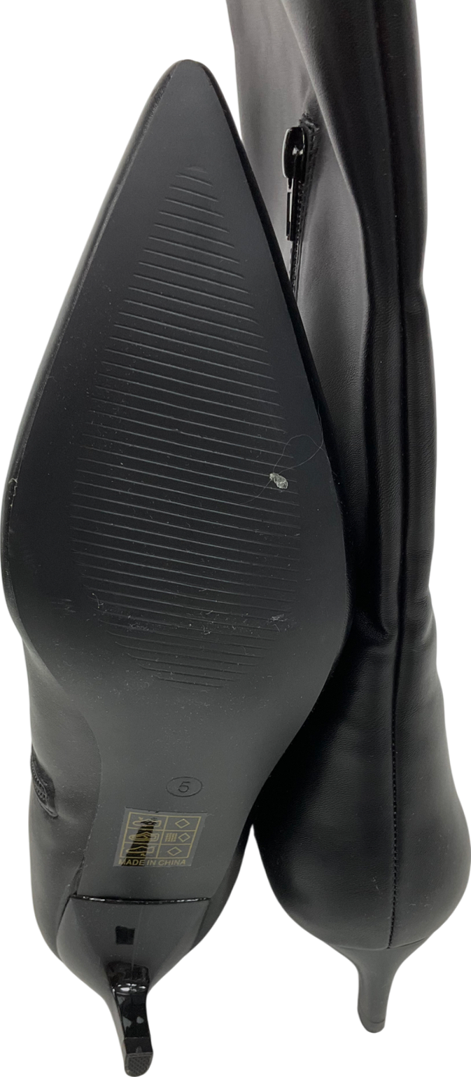 PrettyLittleThing Black Pu Point Toe Low Stiletto Knee High Heeled Boots UK 5 EU 38 👠