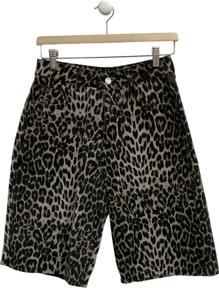 boohoo Brown Denim Leopard Print Long Shorts UK 10
