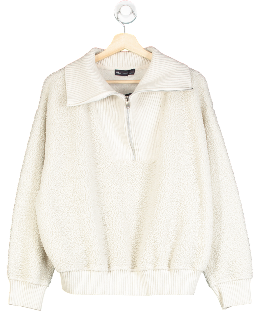 M&S White Wool Look Half Zip Jumper UK L
