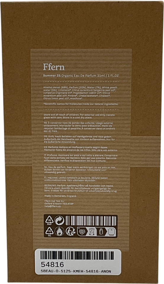 Ffern Summer 2025 Organic Eau De Parfum Summer 31ml