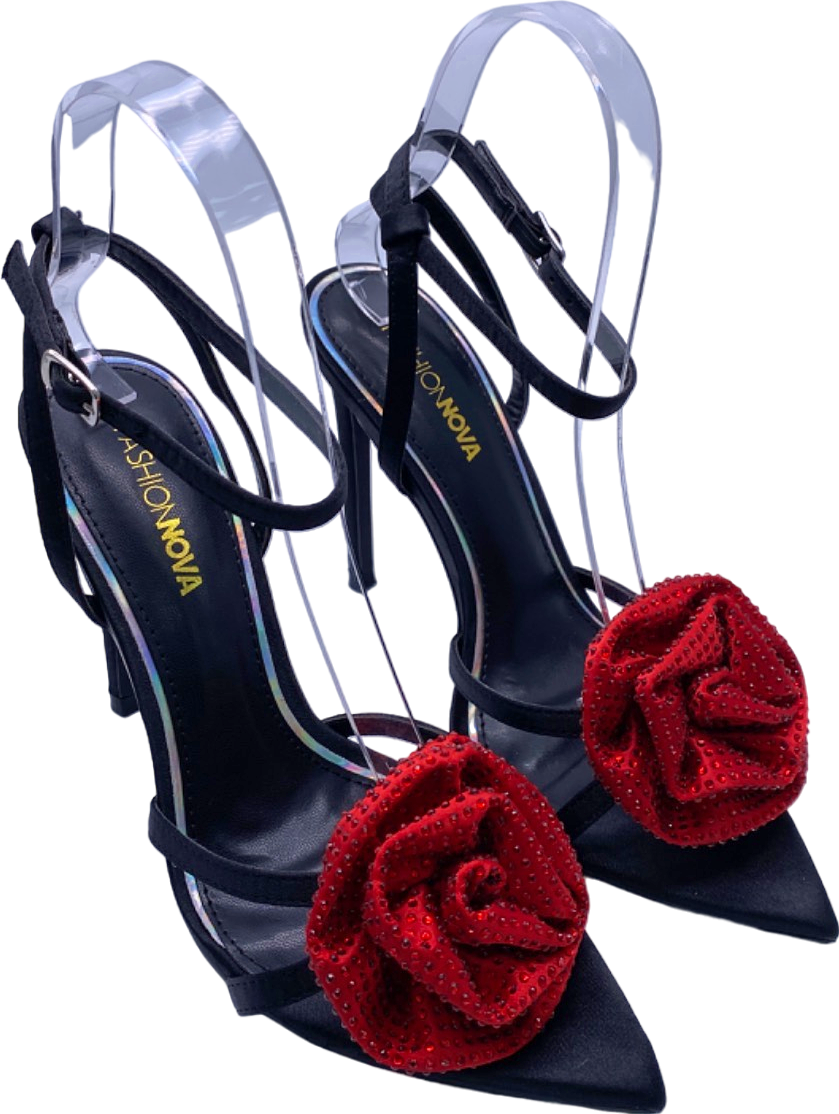 Fashion Nova Black Red Floral Embellished Heels UK 4