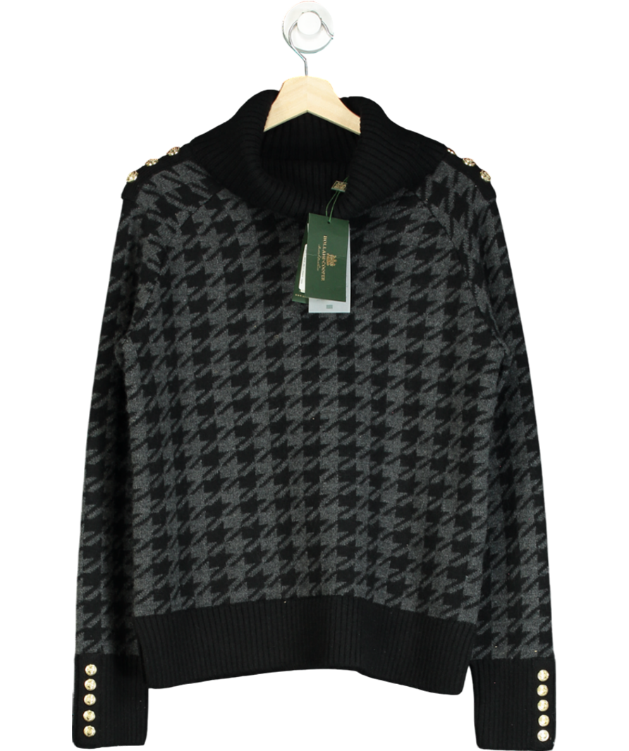 Holland Cooper Grey/Black Houndstooth Heritage Knit Jumper with gold buttons UK L