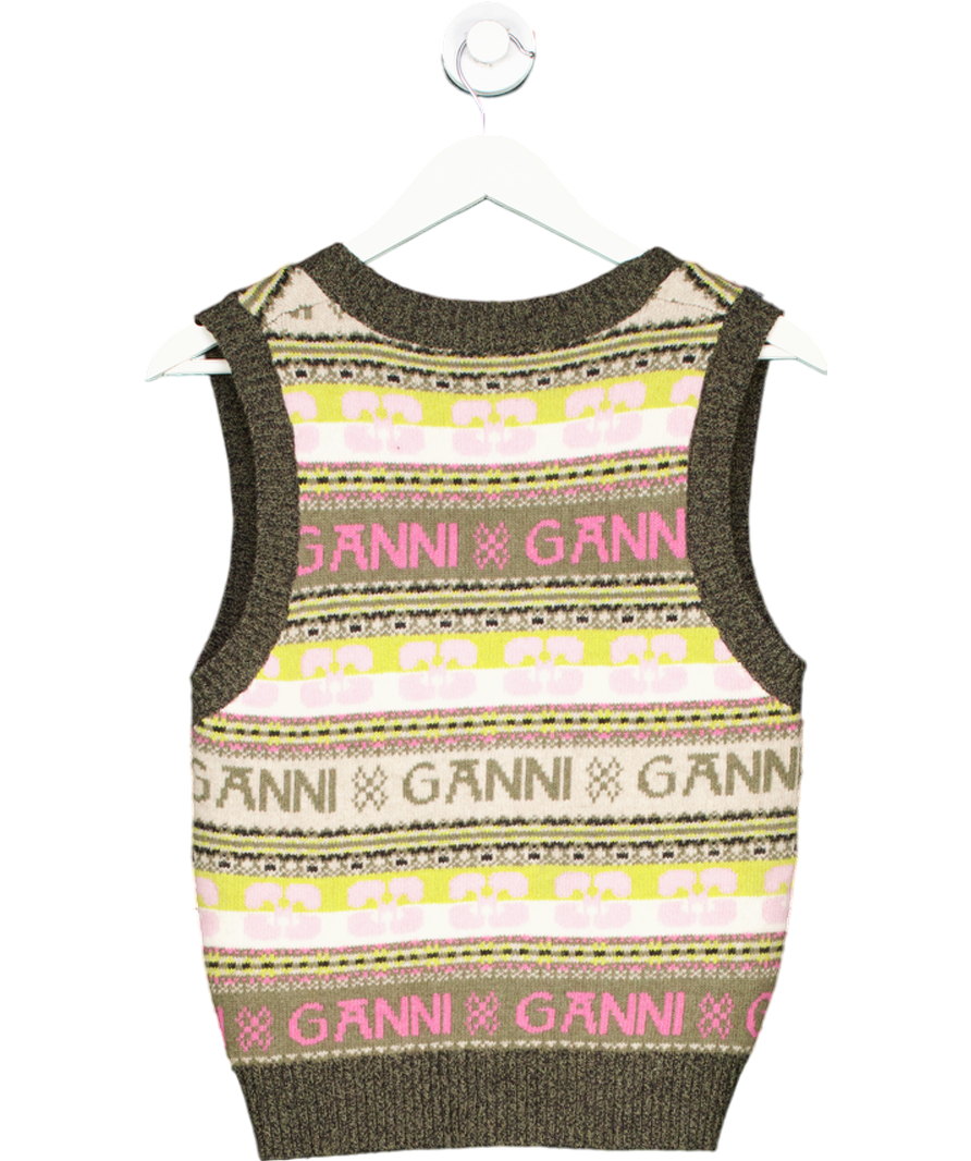 Ganni Multicoloured Fairisle Wool Logo Tank Top UK S