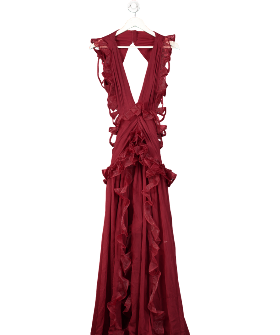 ASOS  Luxe Plunge Maxi Dress With Ruched Chiffon Detail & Open Back In Burgundy UK 14