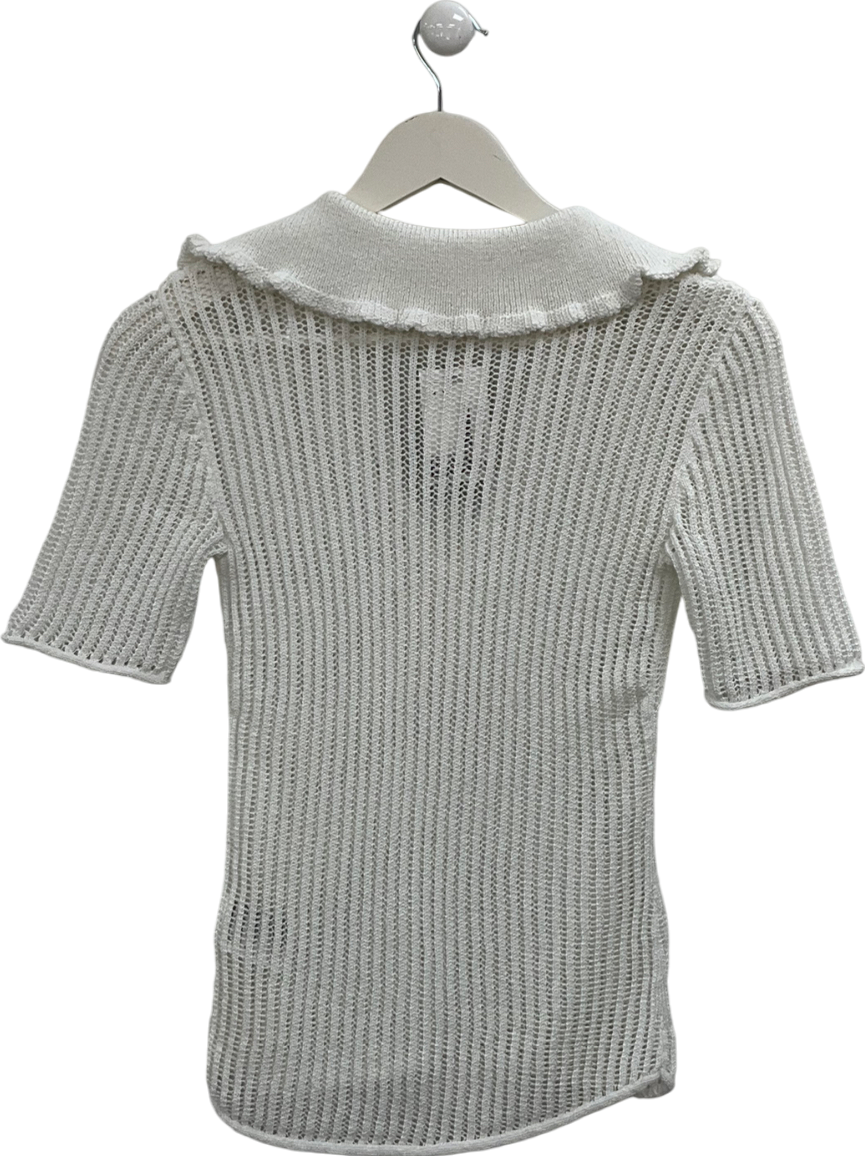 H&M White Open Crochet Polo Shirt UK XS