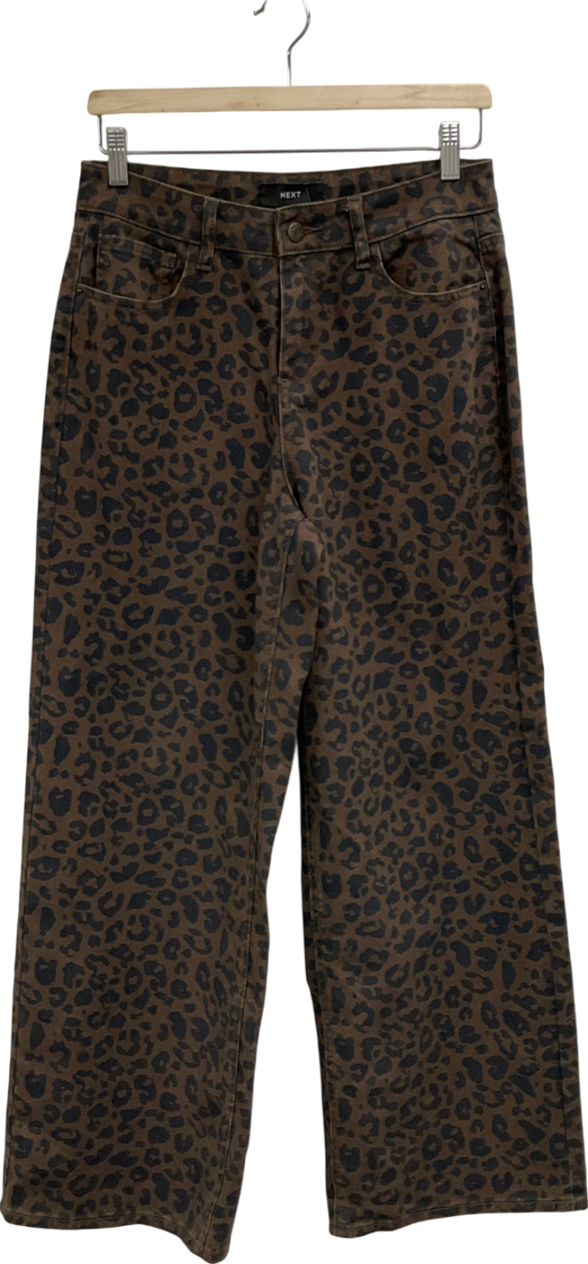 Next Brown Leopard Print Wide Leg 100% Cotton Jeans UK 8